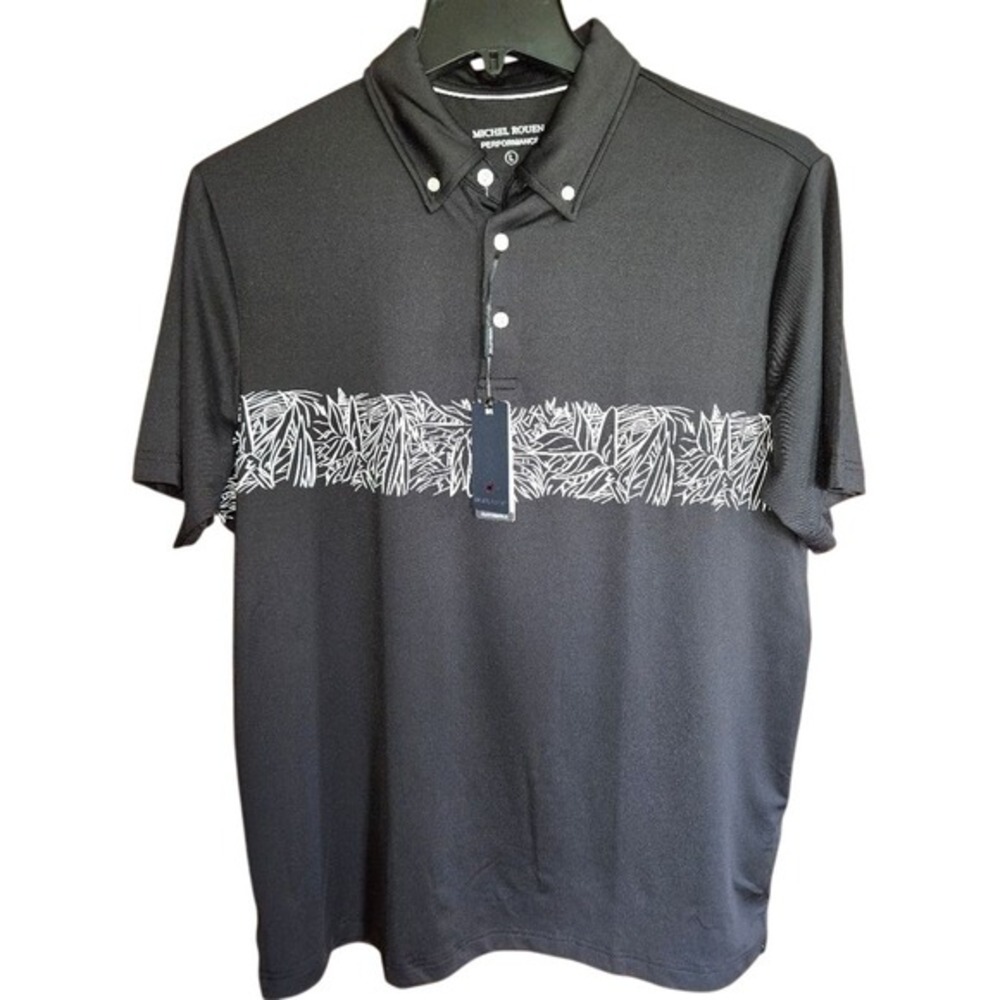 Michel Rouen Performance Polo Shirt Black White‎ Leaf Graphic MRPS022 Mens L NEW